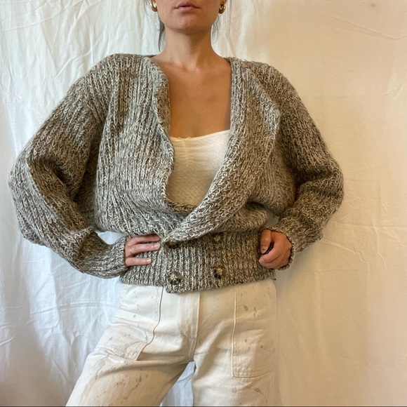 Vintage 80s P.G.E. Wool Blend Chunky Knit Puff Sleeve Batwing Cardigan - Picture 7 of 10